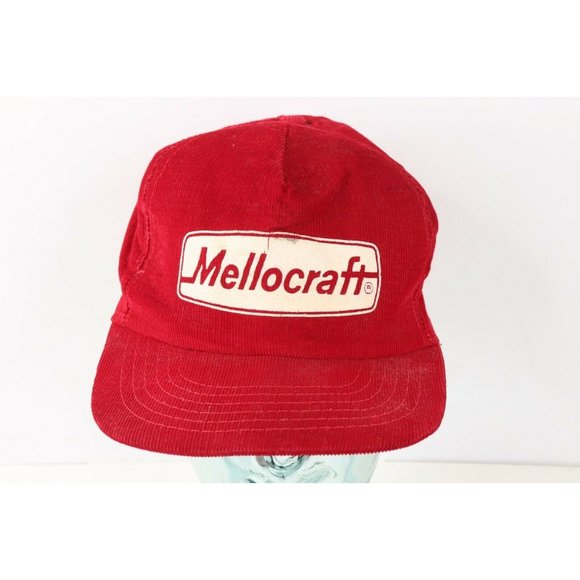 Vintage 90s Mellocraft Janitor Spell Out Distressed Corduroy Snapback Hat Red - Picture 1 of 8